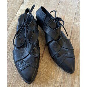 Free People Destino Woven Lace Up Black Leather Flats Shoes Boho Womens Size 37